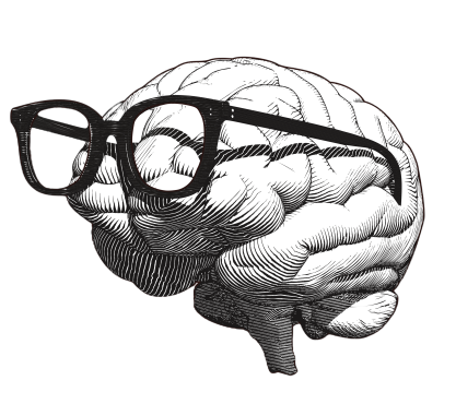 A sketch of a 3d brain in black and white with glasses over the brain roughly where the eyes would be